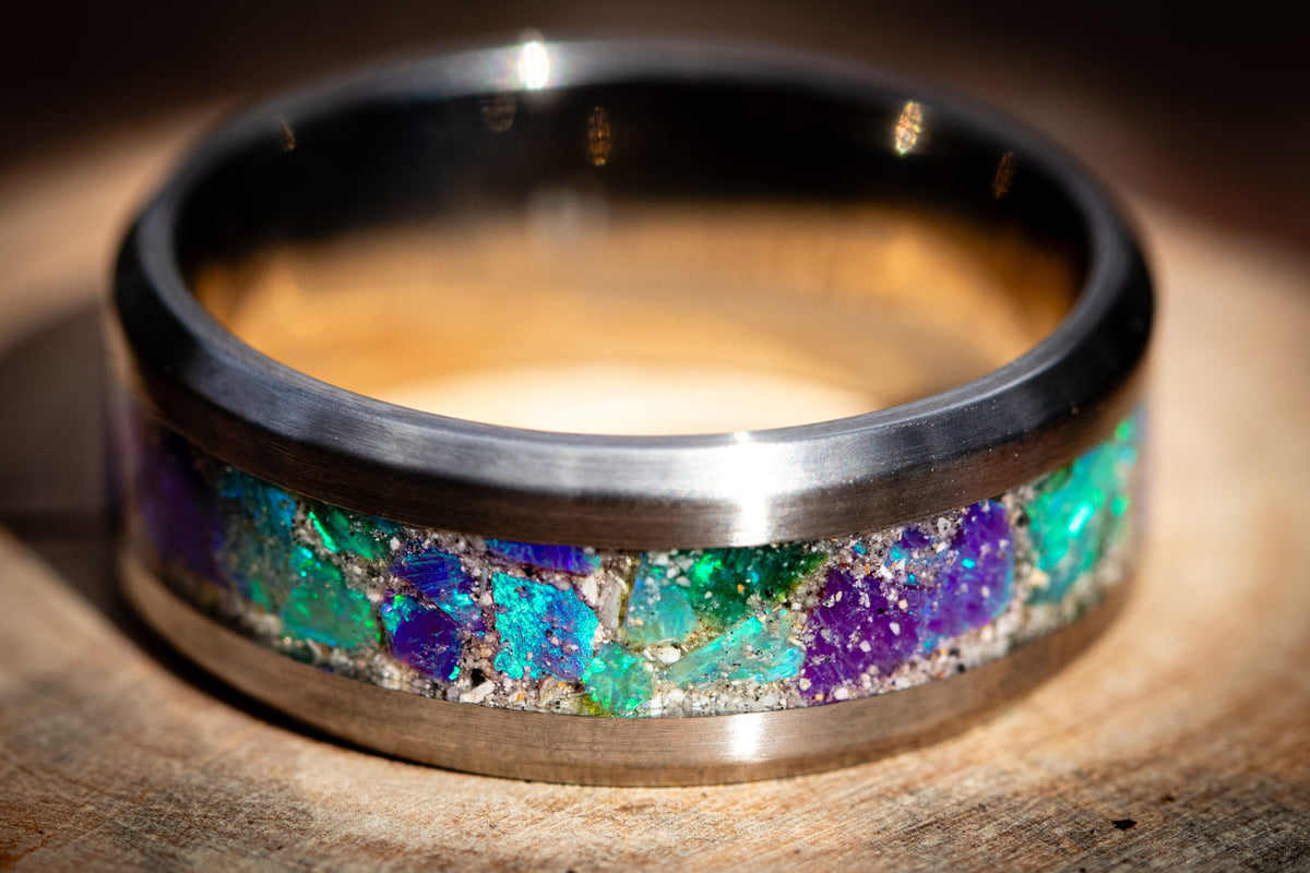 titanium cremation ring lavender and Jade green